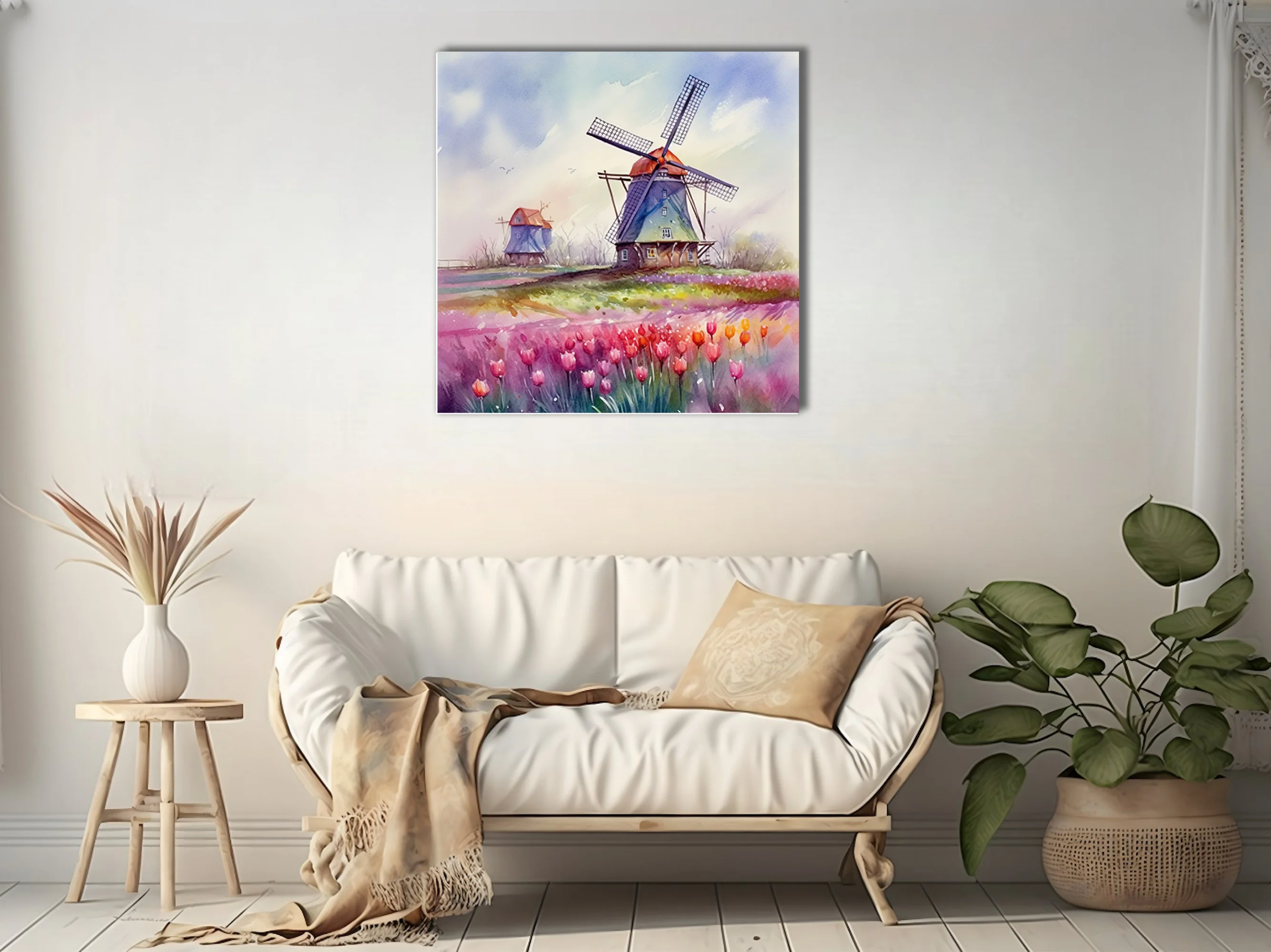 Watercolor-style Dutch windmill and tulip field in vibrant pink, red, and purple tones