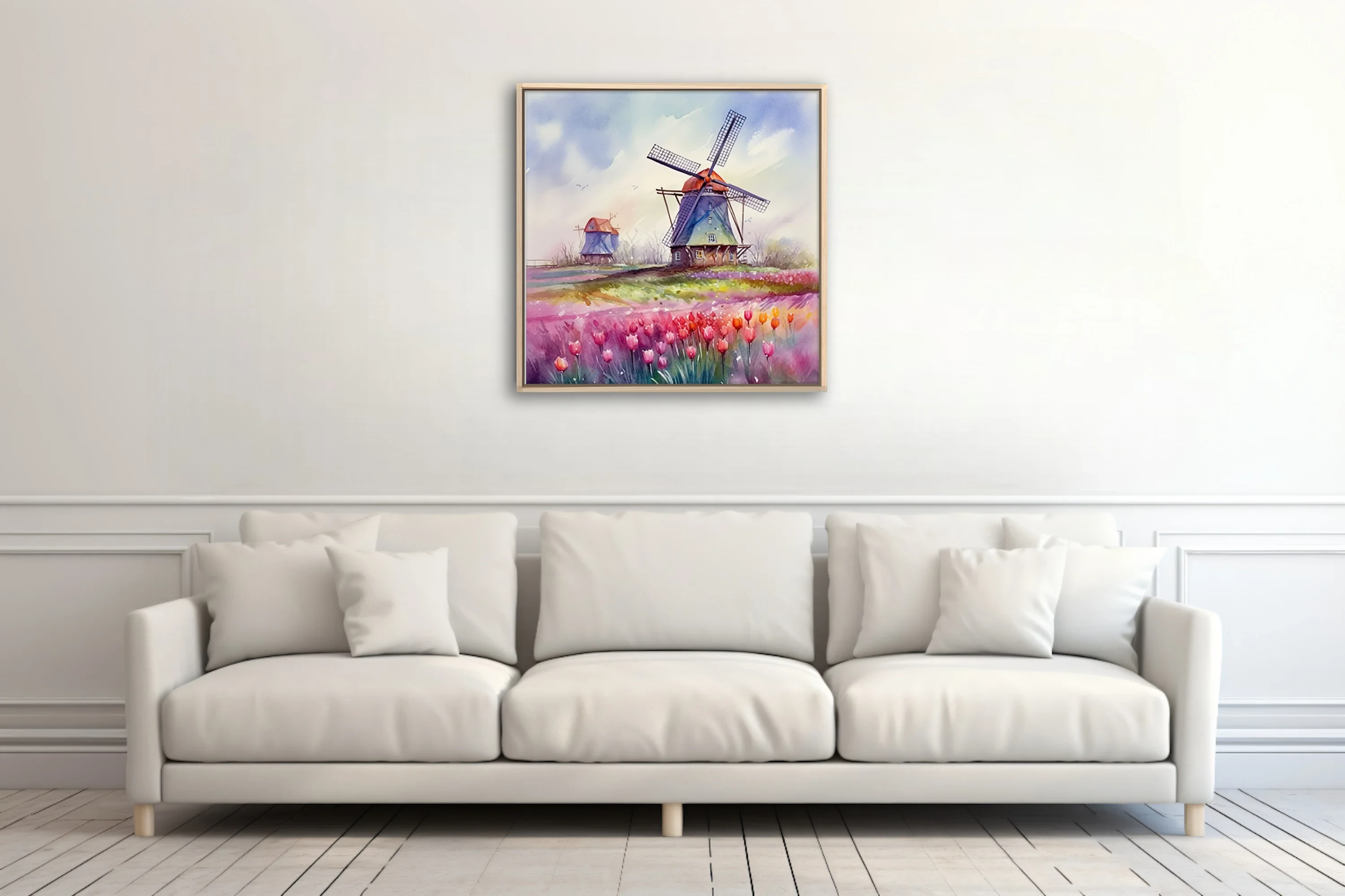 Watercolor-style Dutch windmill and tulip field in vibrant pink, red, and purple tones