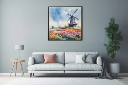 Watercolor-style Dutch tulip fields and windmills in coral, rose, and blue tones