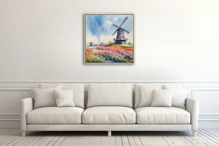 Watercolor-style Dutch tulip fields and windmills in coral, rose, and blue tones