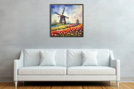 Watercolor-style Dutch tulip fields and windmills in vivid reds, yellows, and blues