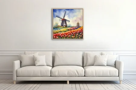 Watercolor-style Dutch tulip fields and windmills in vivid reds, yellows, and blues
