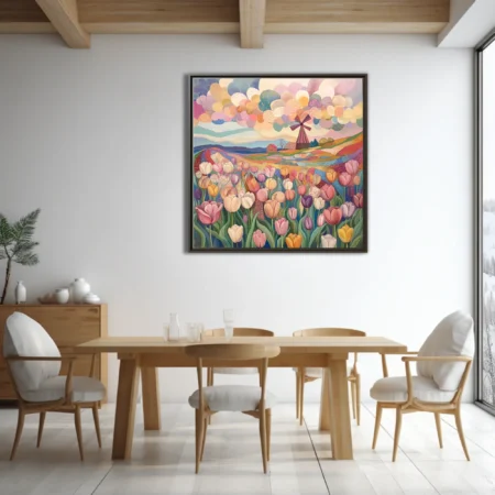 Folk-art abstract tulip field with patchwork landscape, windmill, and pastel bubble clouds