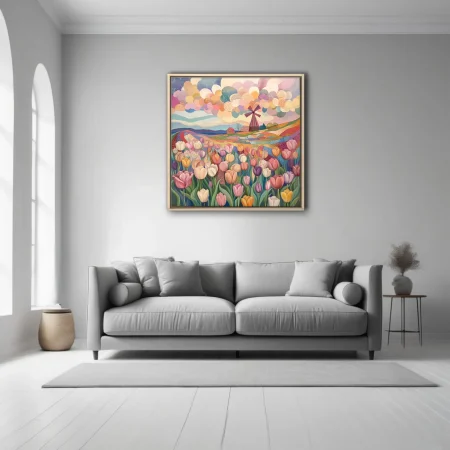Folk-art abstract tulip field with patchwork landscape, windmill, and pastel bubble clouds
