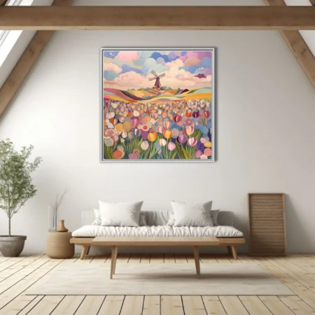 Folk-style abstract tulip field with windmill, pastel palette and patterned textures
