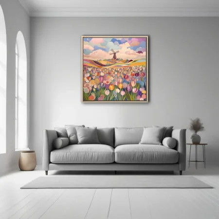 Folk-style abstract tulip field with windmill, pastel palette and patterned textures