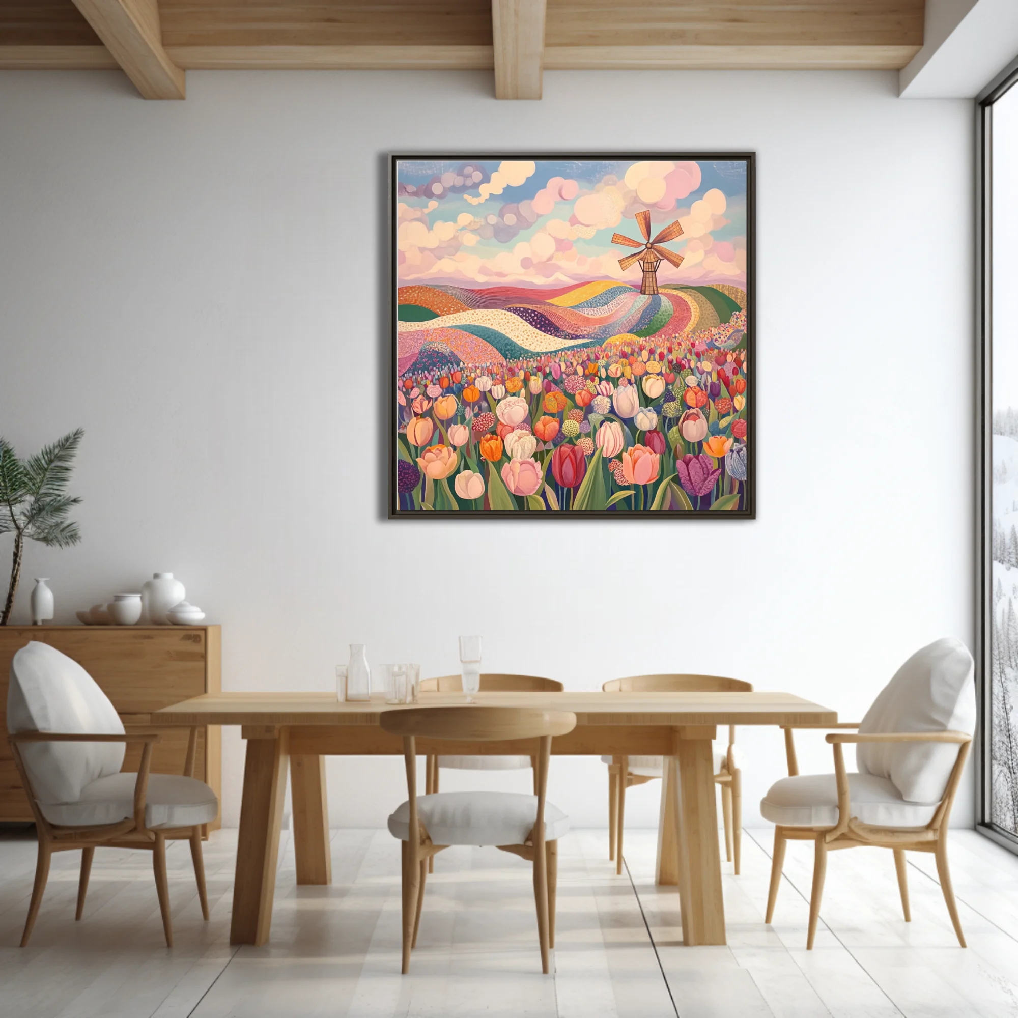 Folk-style tulip field with windmill, pastel sky, colorful patterned rolling landscape