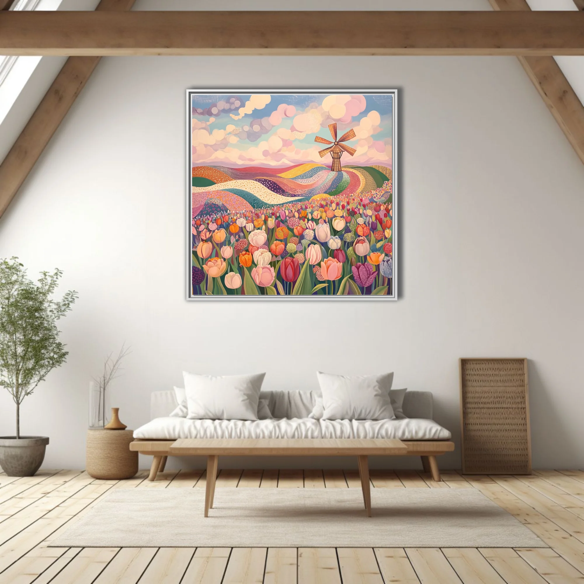 Folk-style tulip field with windmill, pastel sky, colorful patterned rolling landscape