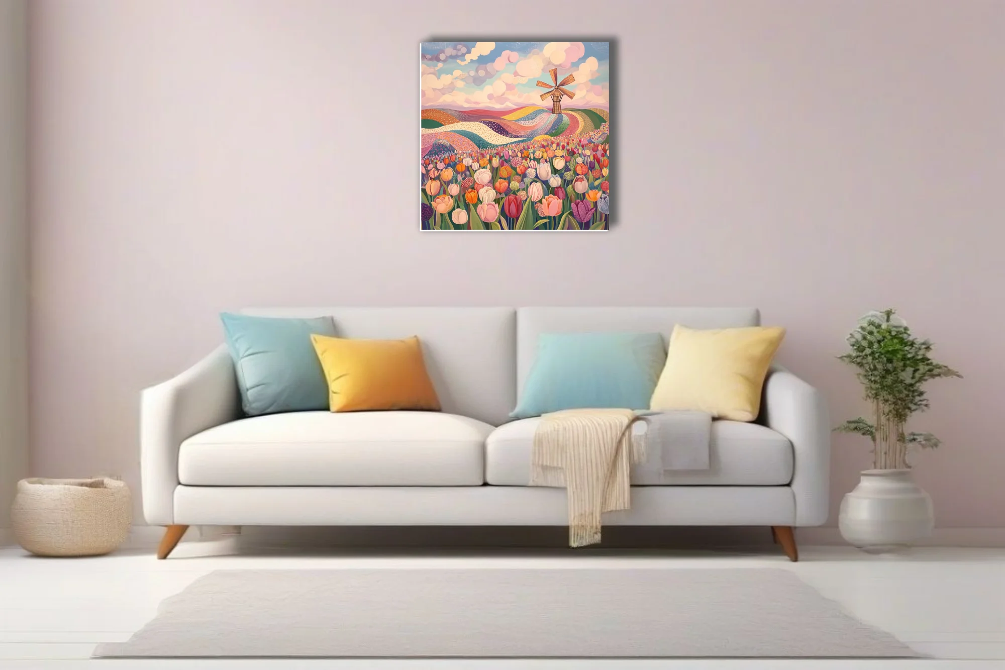 Folk-style tulip field with windmill, pastel sky, colorful patterned rolling landscape