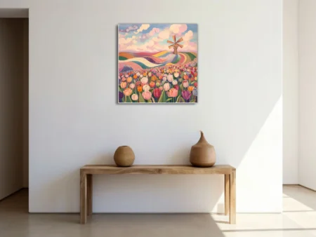 Folk-style tulip field with windmill, pastel sky, colorful patterned rolling landscape