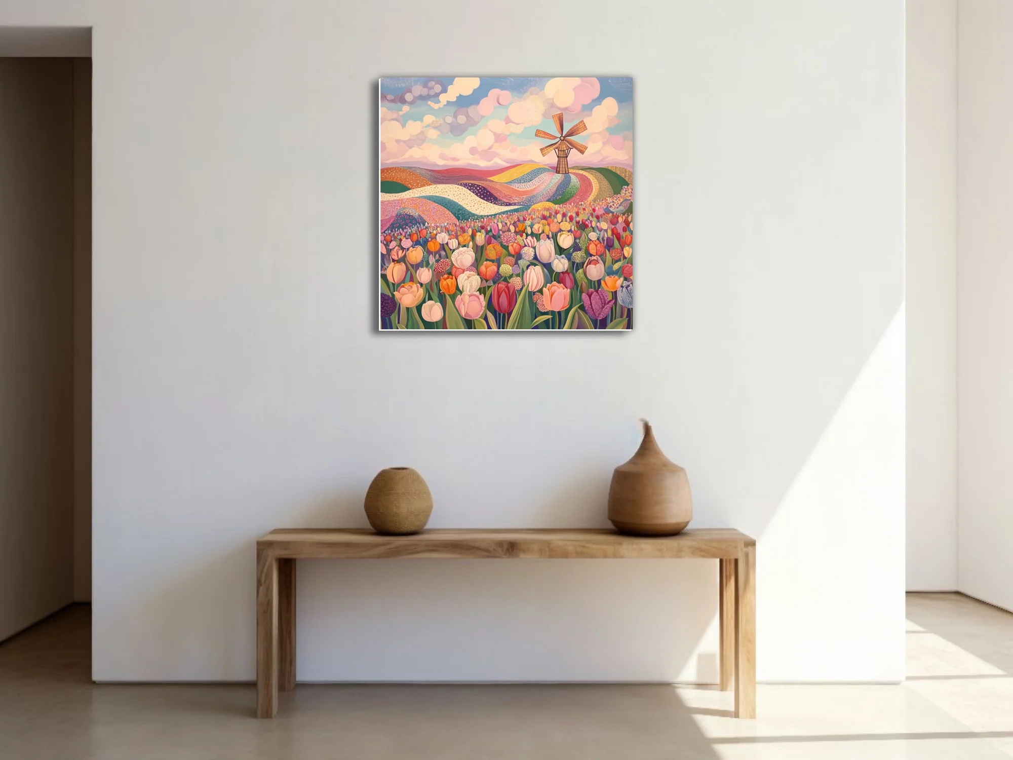 Folk-style tulip field with windmill, pastel sky, colorful patterned rolling landscape