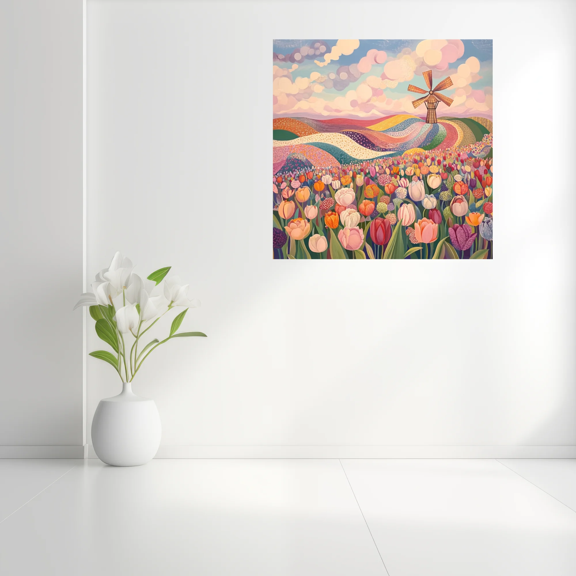 Folk-style tulip field with windmill, pastel sky, colorful patterned rolling landscape