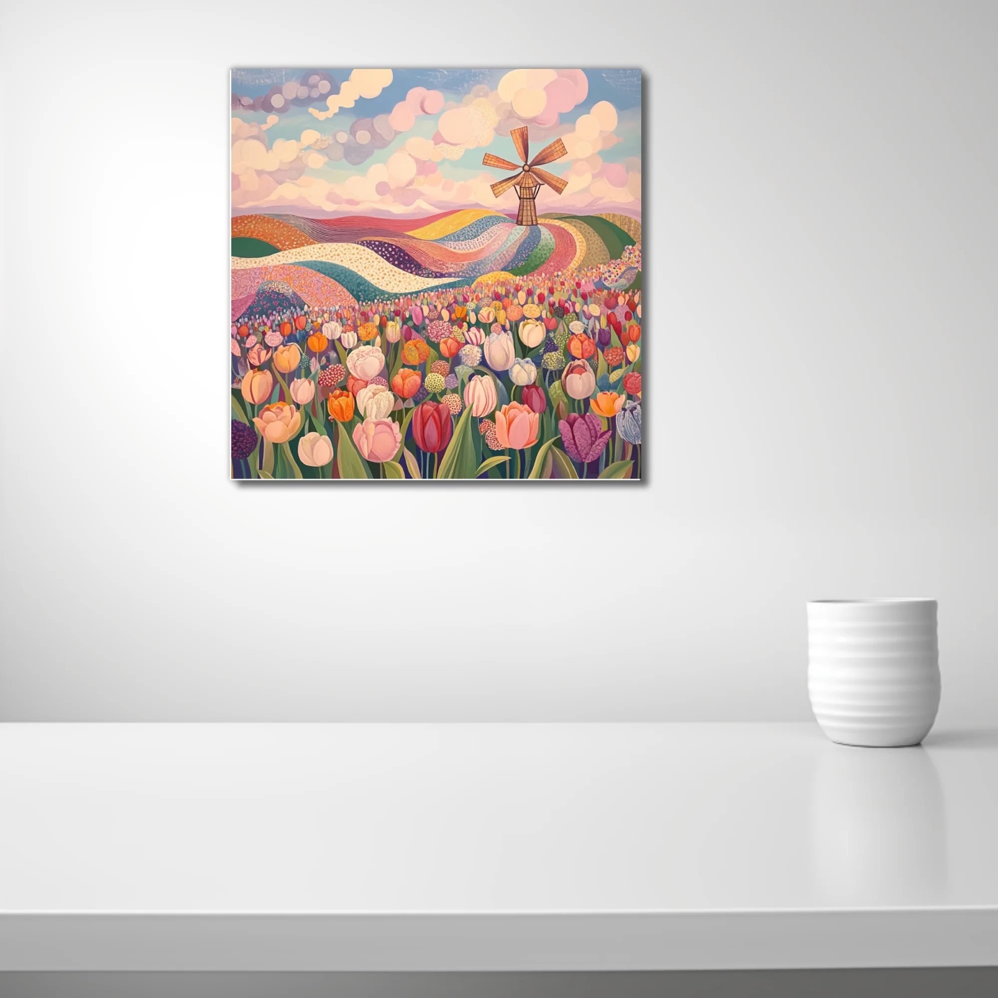 Folk-style tulip field with windmill, pastel sky, colorful patterned rolling landscape