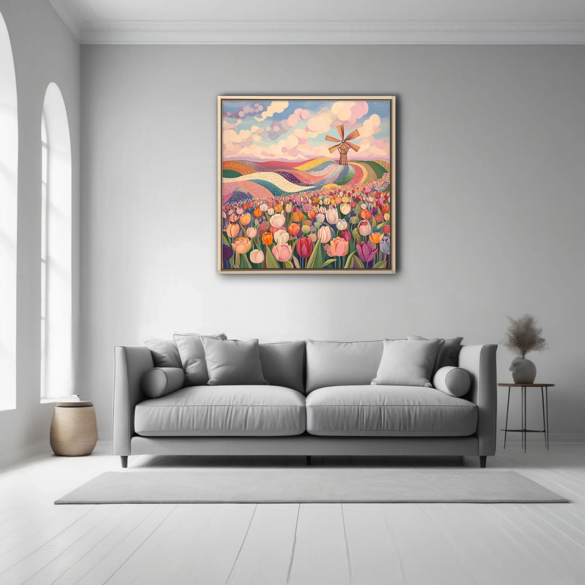 Folk-style tulip field with windmill, pastel sky, colorful patterned rolling landscape