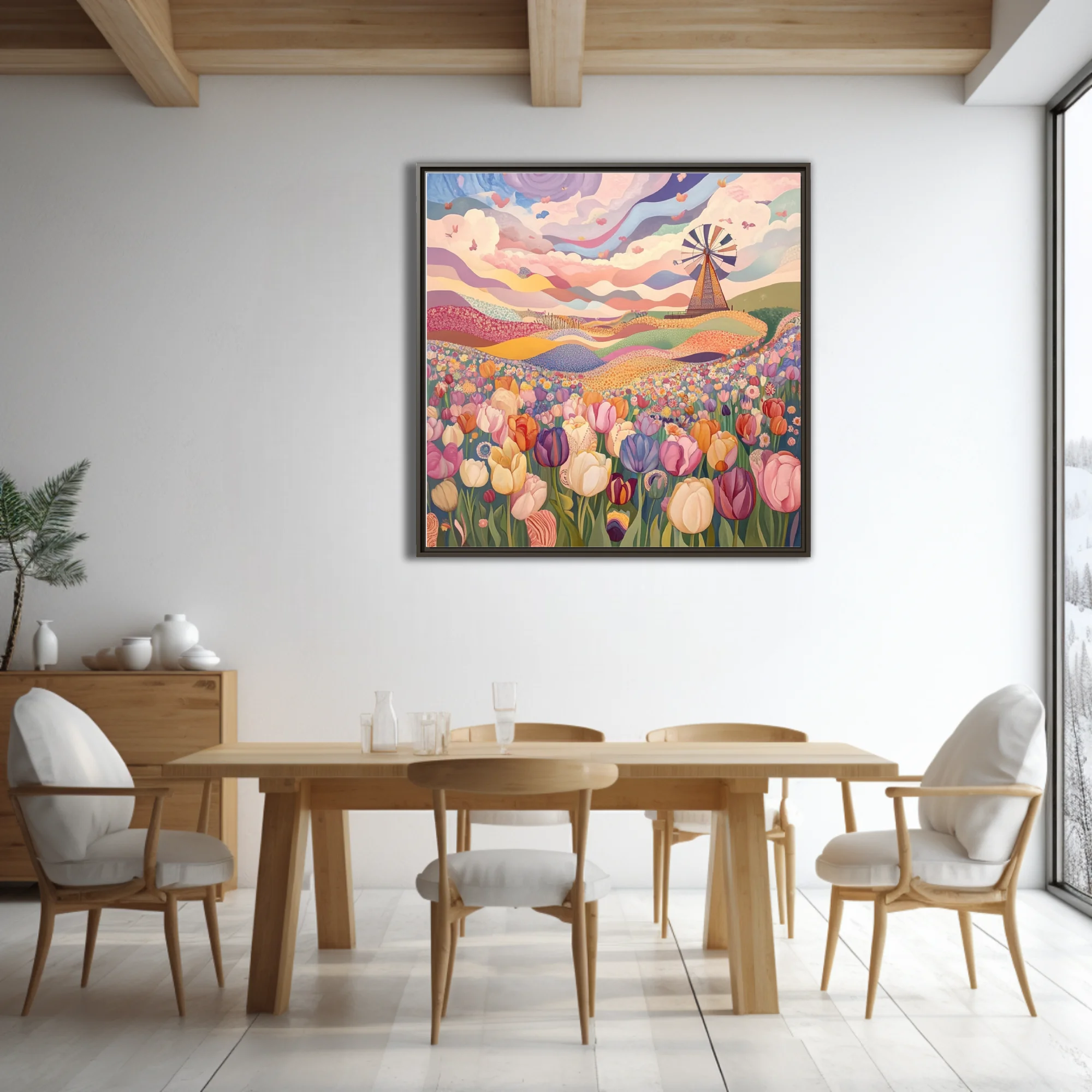 Folk-naive tulip field illustration with windmill, pastel swirling sky, colorful floral landscape