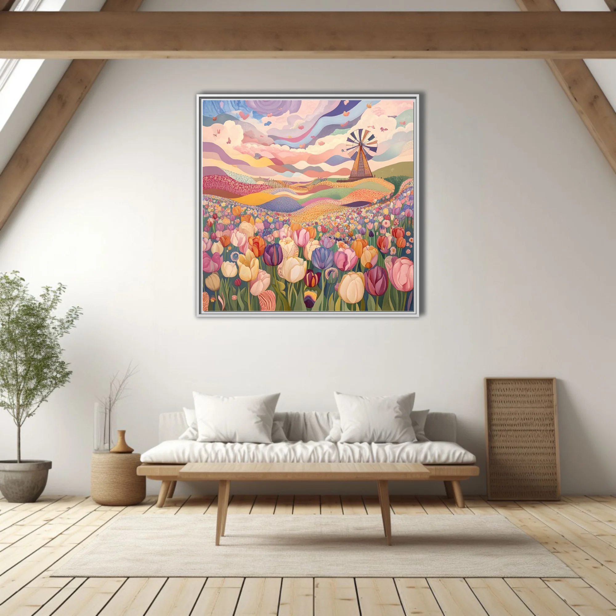 Folk-naive tulip field illustration with windmill, pastel swirling sky, colorful floral landscape