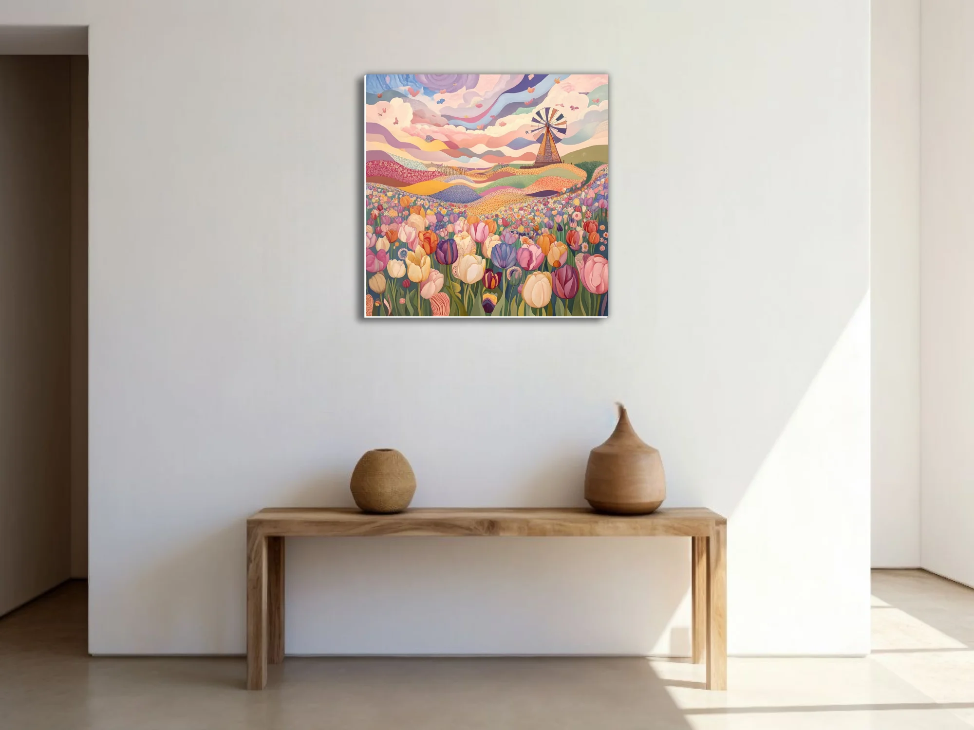 Folk-naive tulip field illustration with windmill, pastel swirling sky, colorful floral landscape