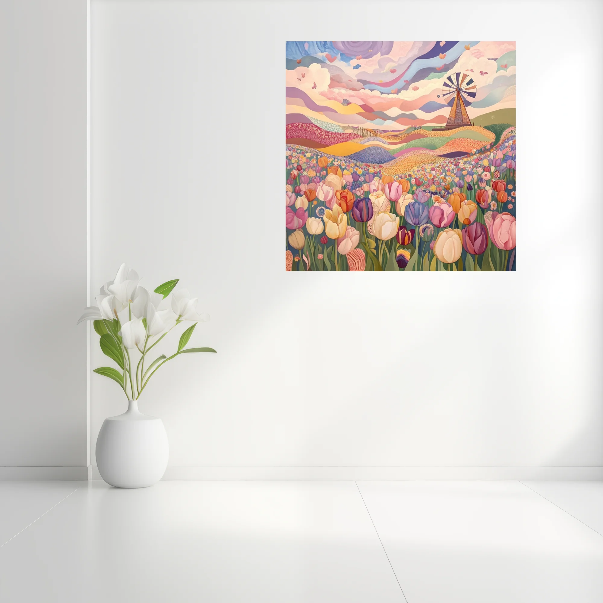 Folk-naive tulip field illustration with windmill, pastel swirling sky, colorful floral landscape