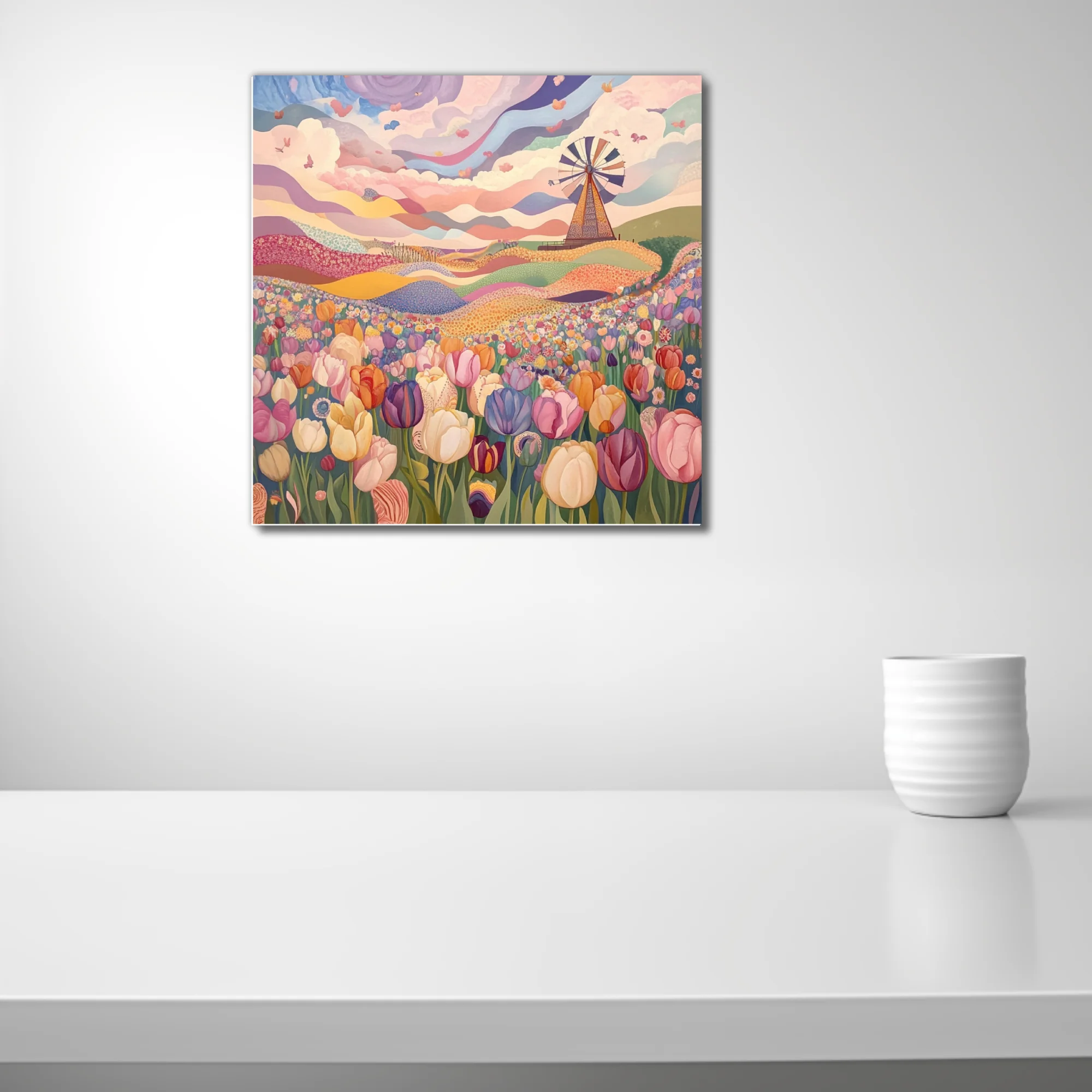 Folk-naive tulip field illustration with windmill, pastel swirling sky, colorful floral landscape
