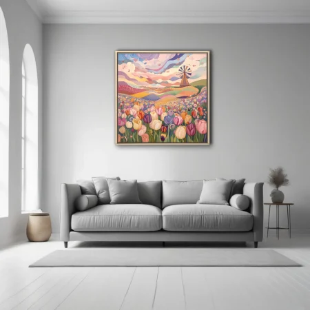 Folk-naive tulip field illustration with windmill, pastel swirling sky, colorful floral landscape