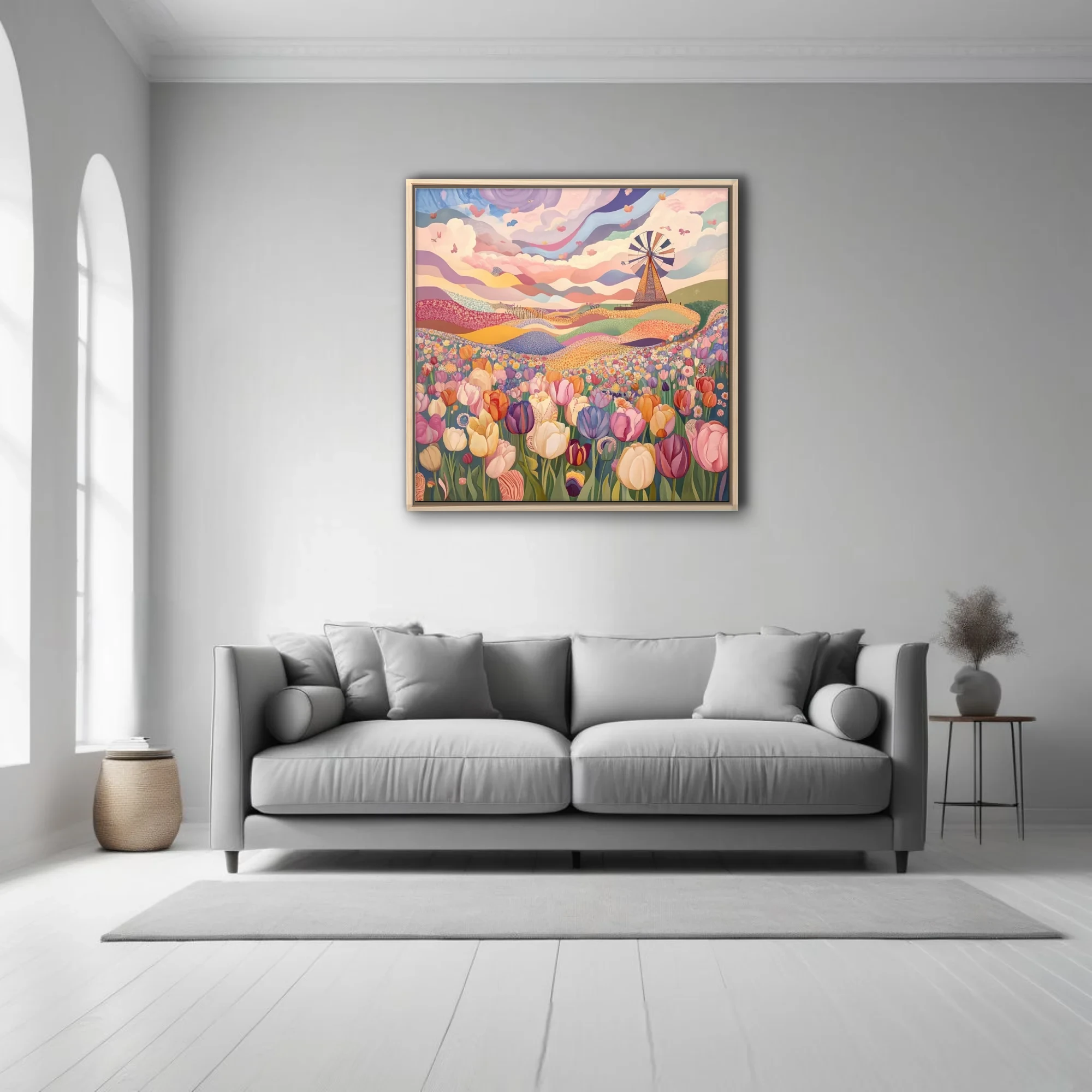 Folk-naive tulip field illustration with windmill, pastel swirling sky, colorful floral landscape