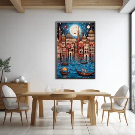 Whimsical folk-art Venice canal scene with domed architecture and starlit night sky