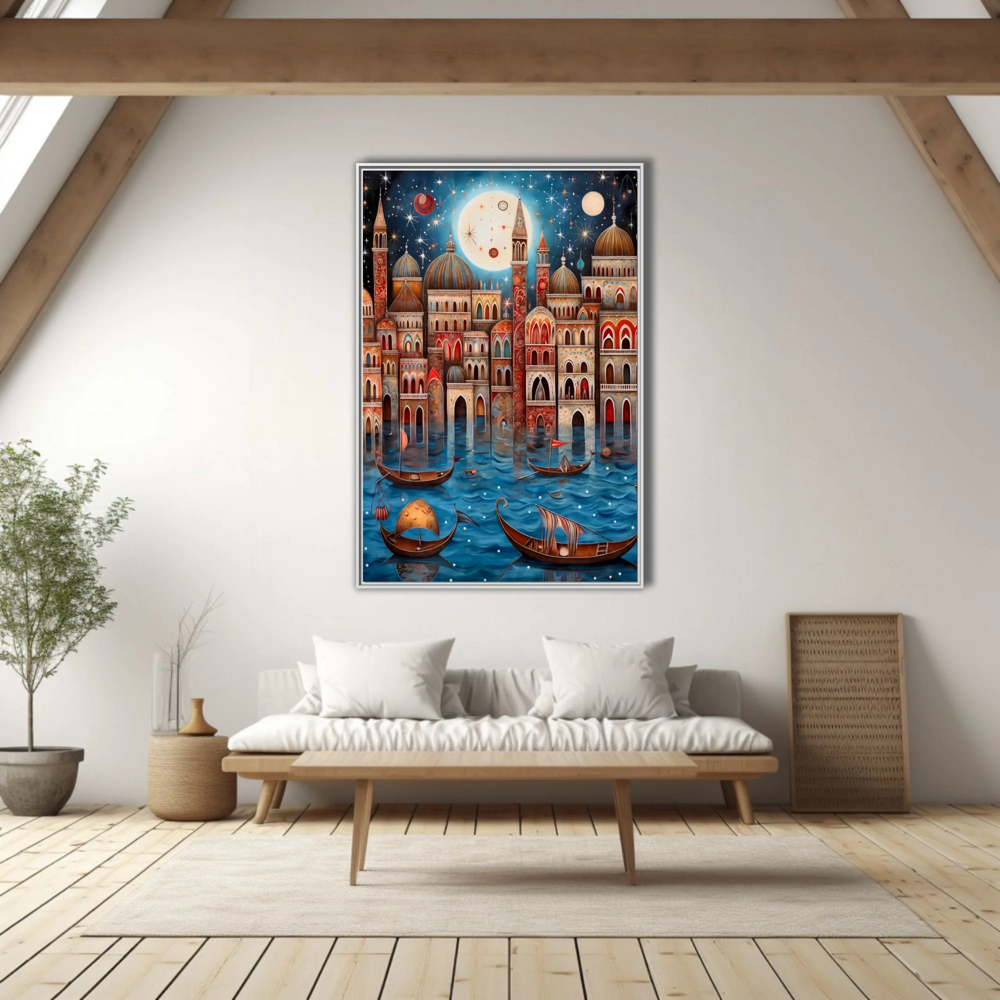 Whimsical folk-art Venice canal scene with domed architecture and starlit night sky