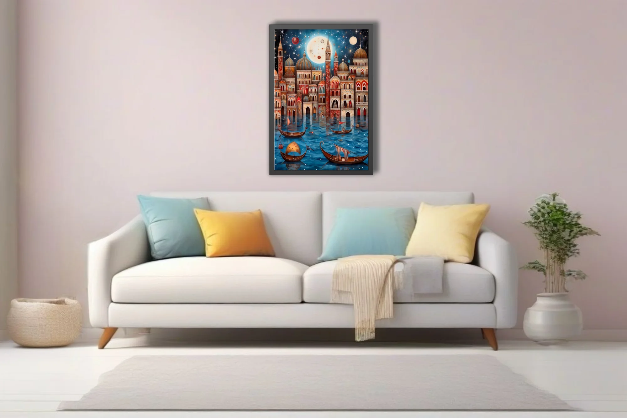 Whimsical folk-art Venice canal scene with domed architecture and starlit night sky
