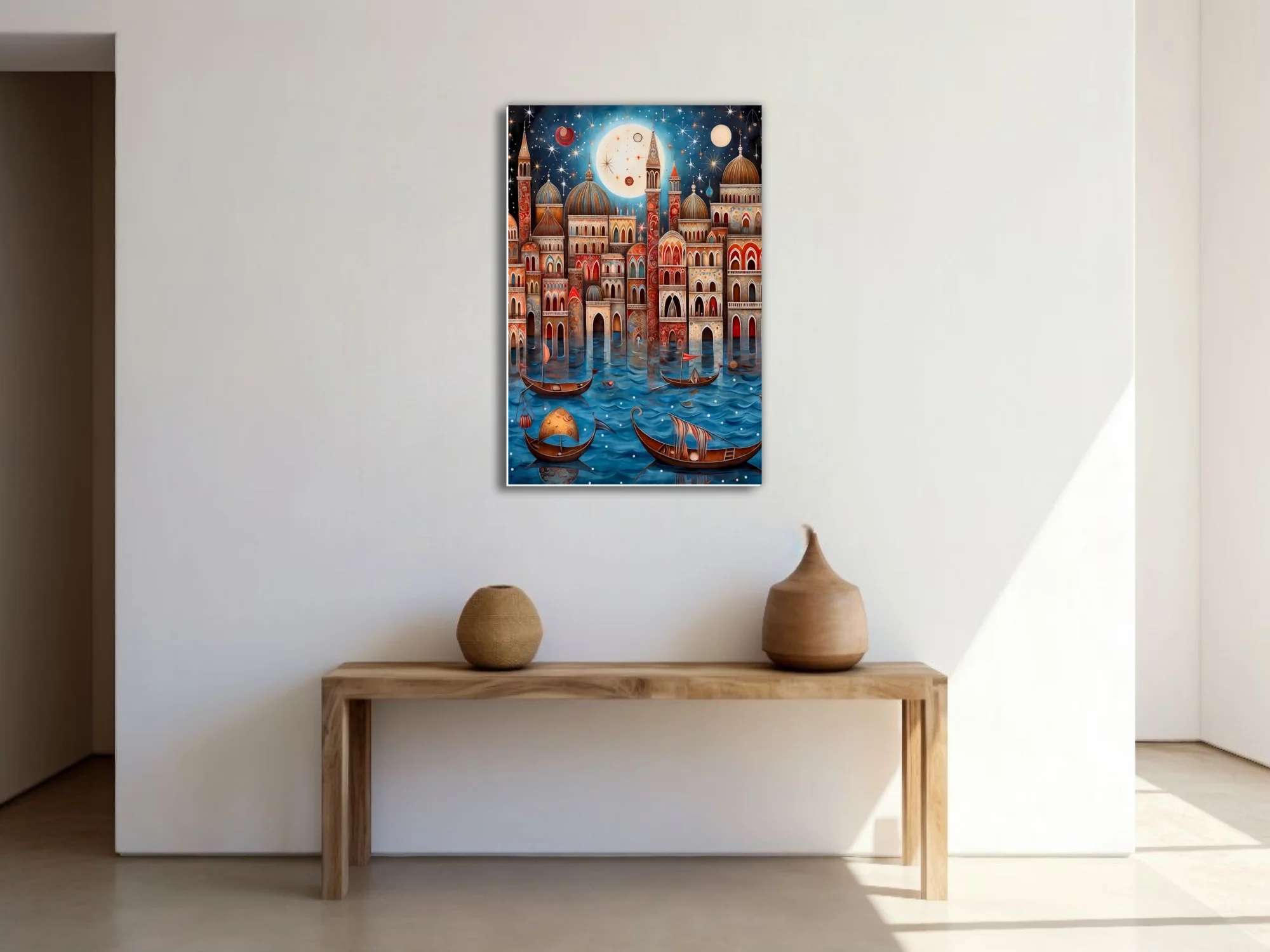 Whimsical folk-art Venice canal scene with domed architecture and starlit night sky
