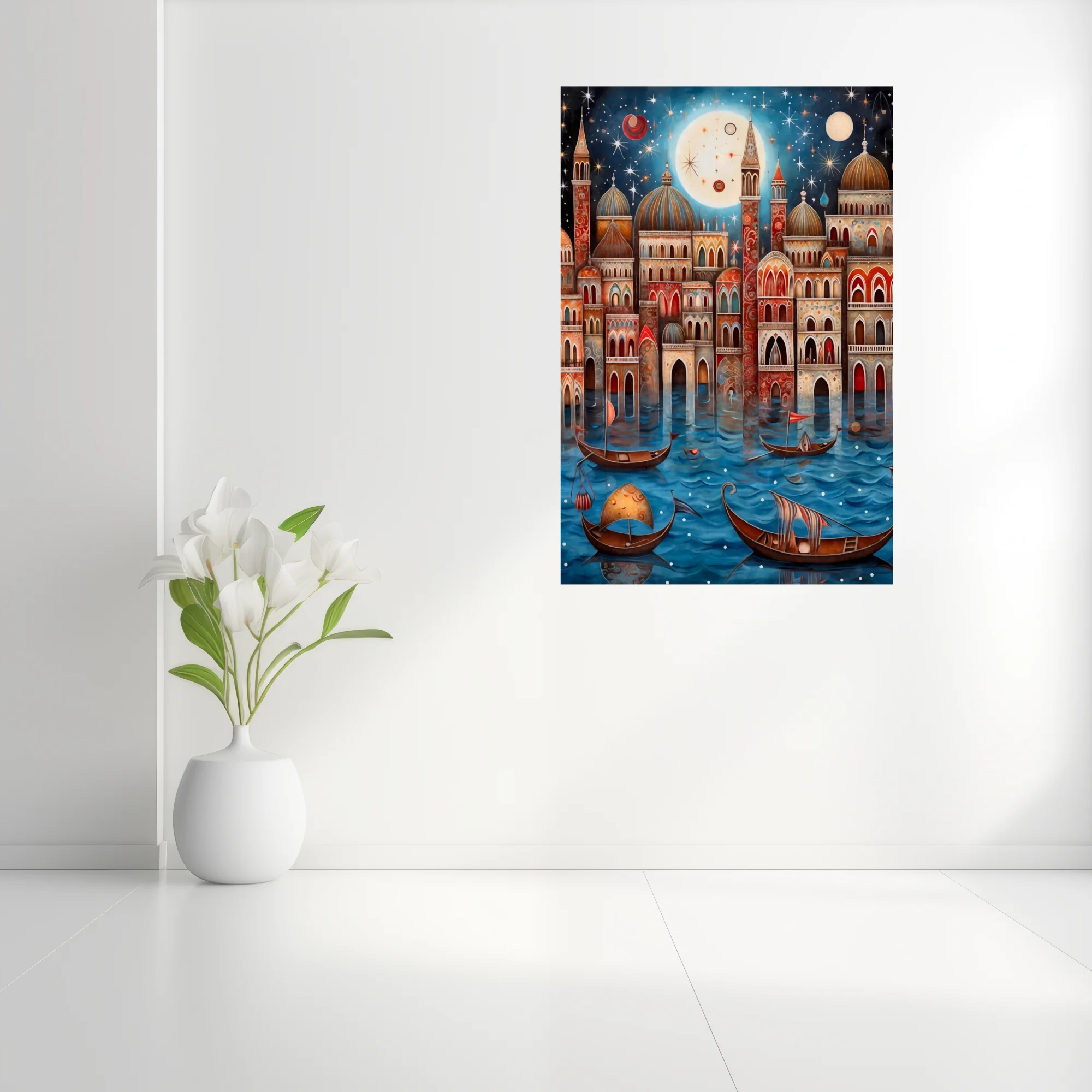 Whimsical folk-art Venice canal scene with domed architecture and starlit night sky