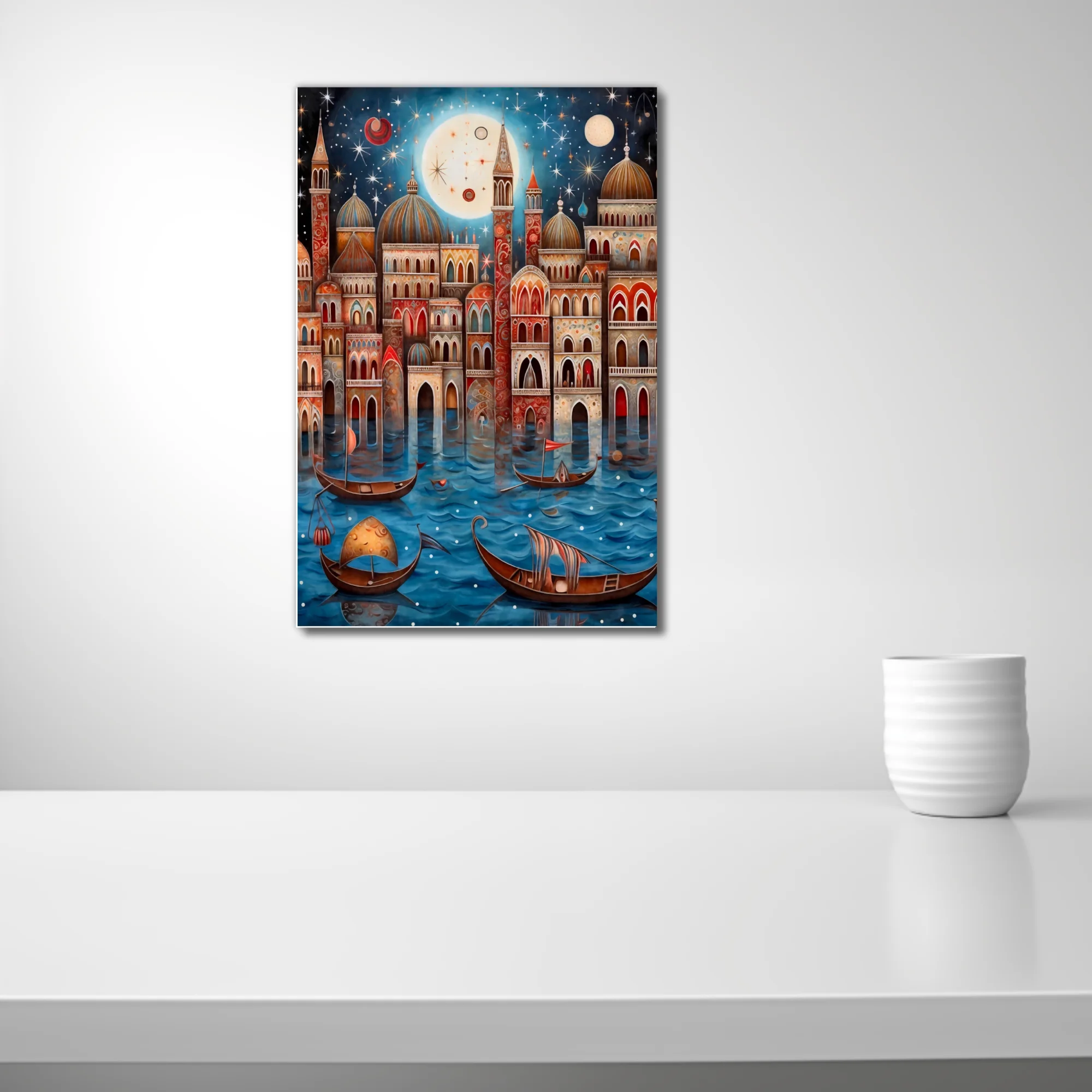 Whimsical folk-art Venice canal scene with domed architecture and starlit night sky