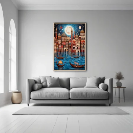 Whimsical folk-art Venice canal scene with domed architecture and starlit night sky