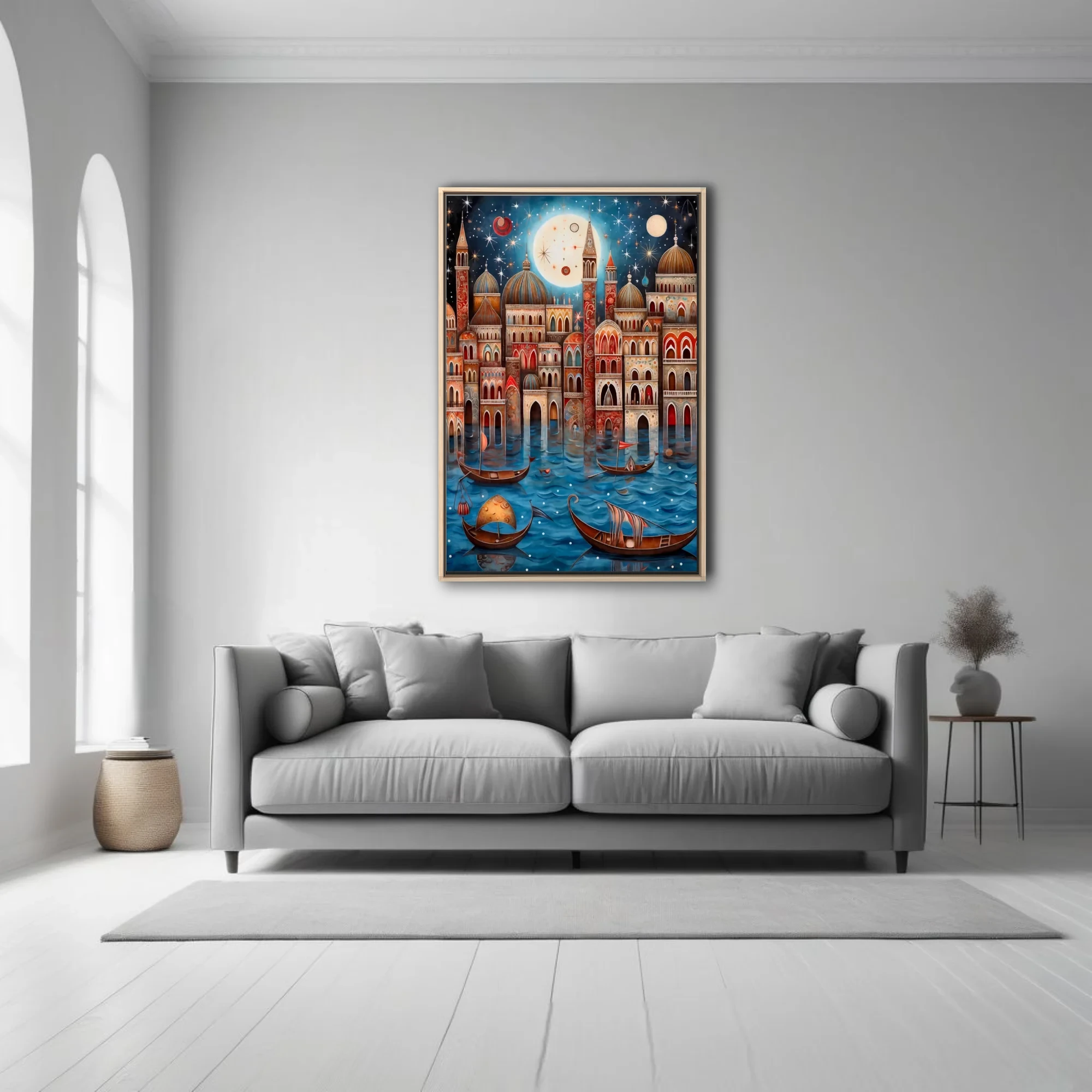 Whimsical folk-art Venice canal scene with domed architecture and starlit night sky