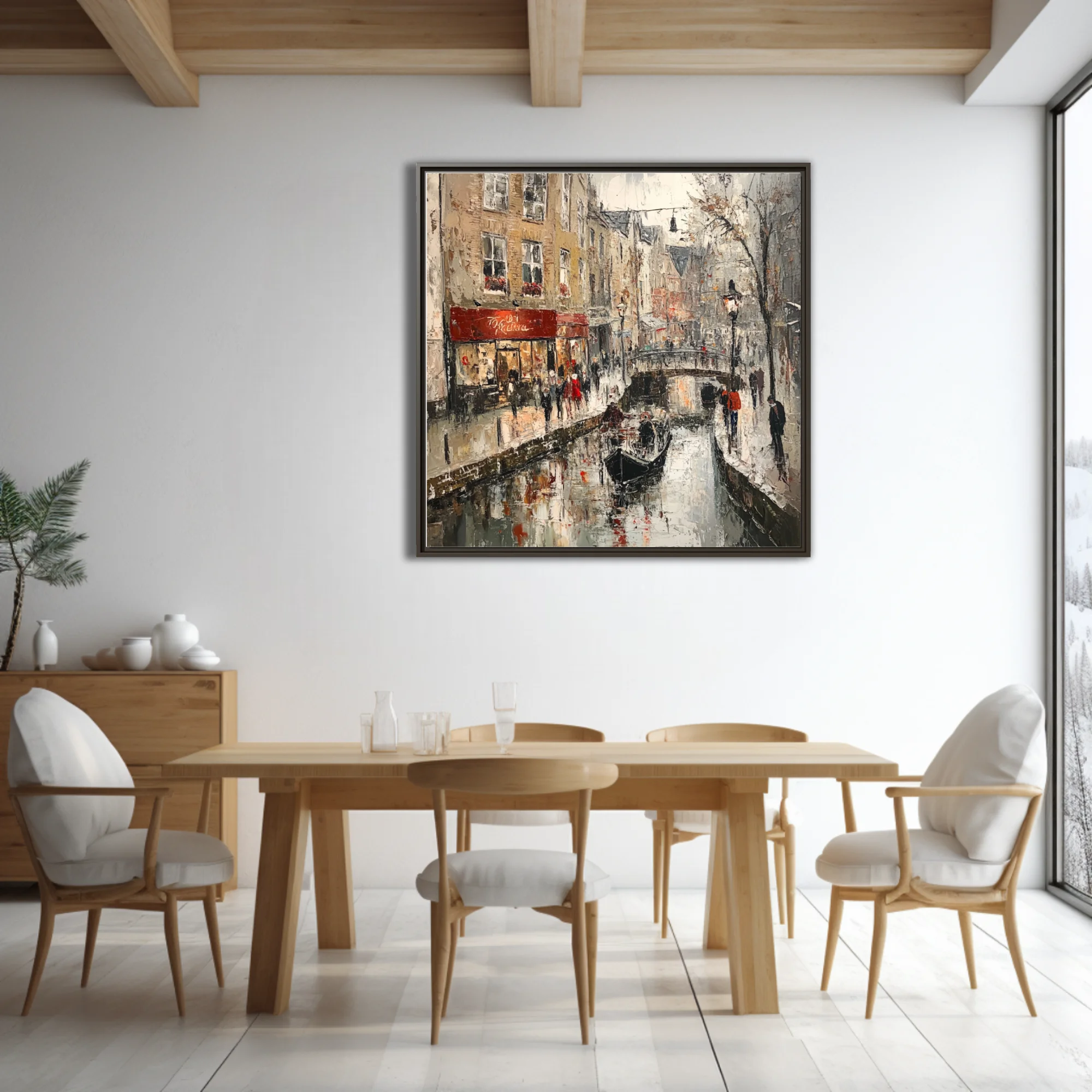 European canal scene with bridge, shops, and figures in ochre, grey, and red tones