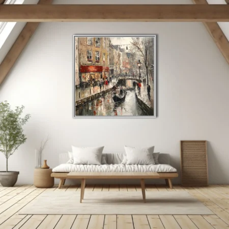 European canal scene with bridge, shops, and figures in ochre, grey, and red tones