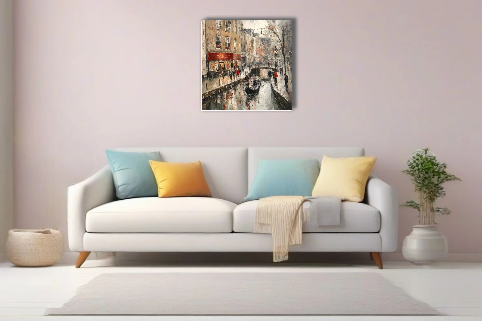 European canal scene with bridge, shops, and figures in ochre, grey, and red tones