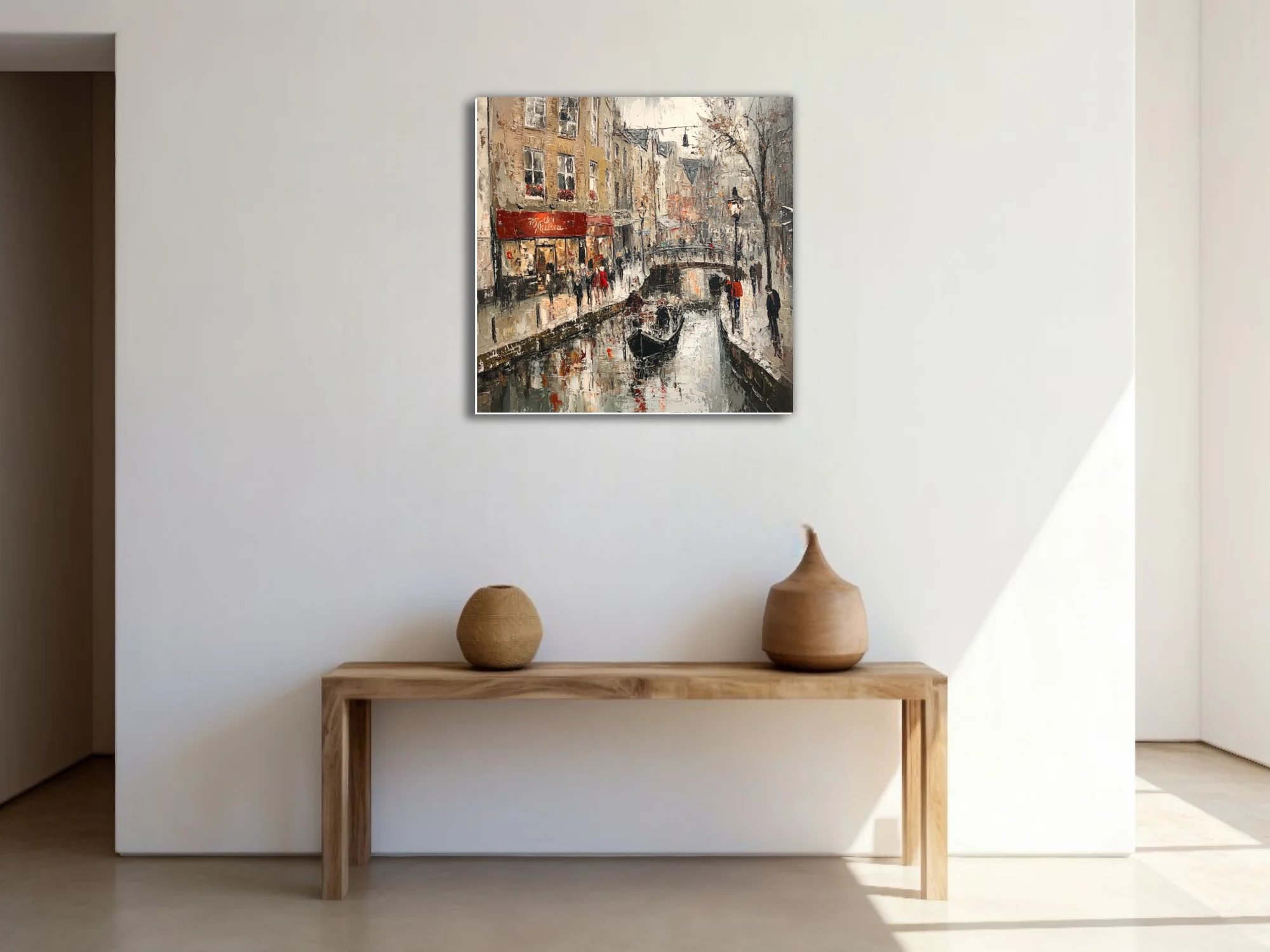 European canal scene with bridge, shops, and figures in ochre, grey, and red tones