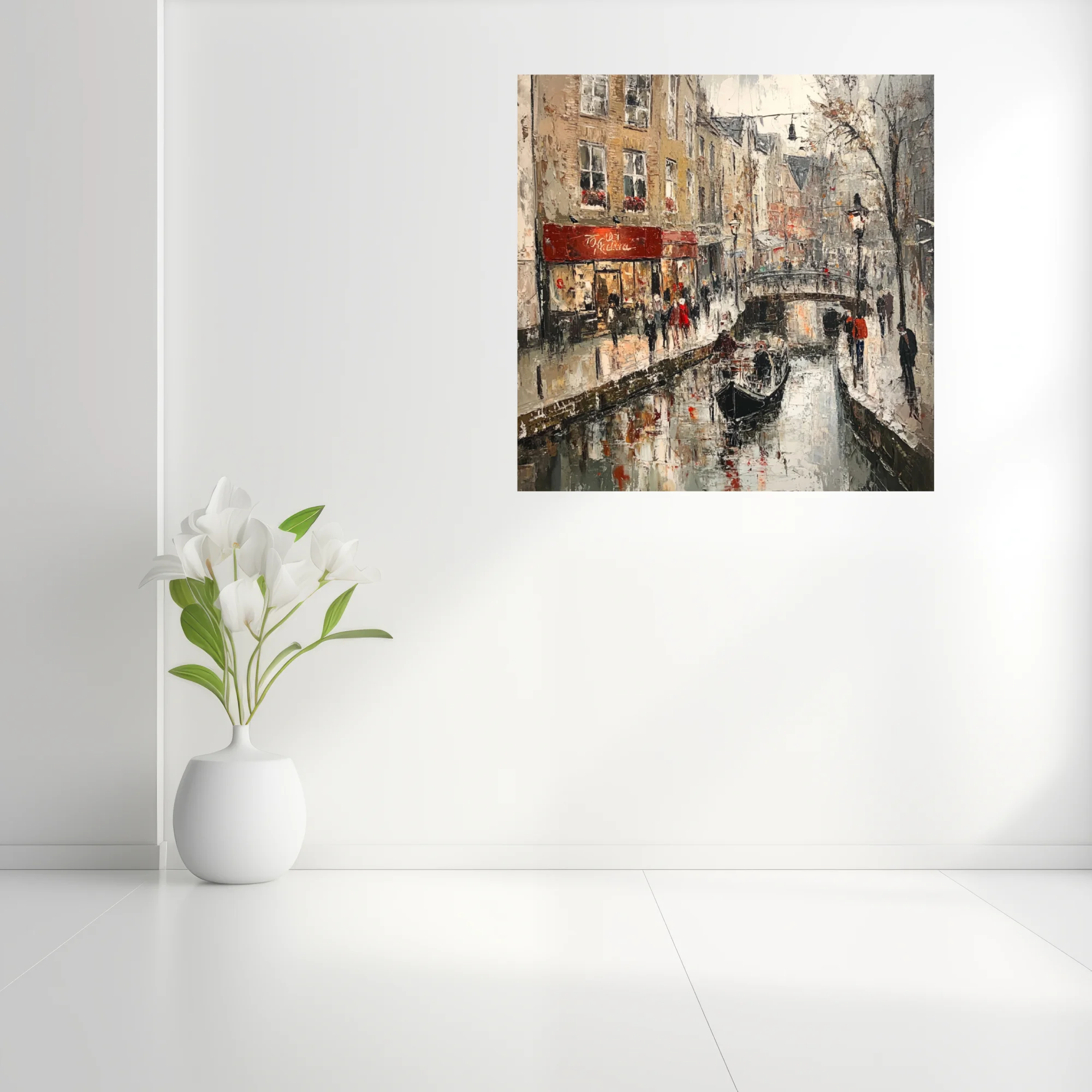 European canal scene with bridge, shops, and figures in ochre, grey, and red tones