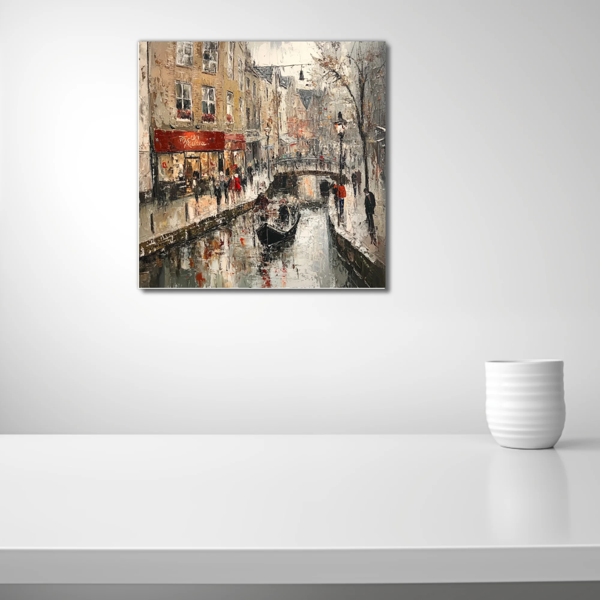 European canal scene with bridge, shops, and figures in ochre, grey, and red tones