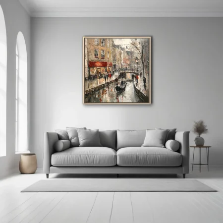 European canal scene with bridge, shops, and figures in ochre, grey, and red tones