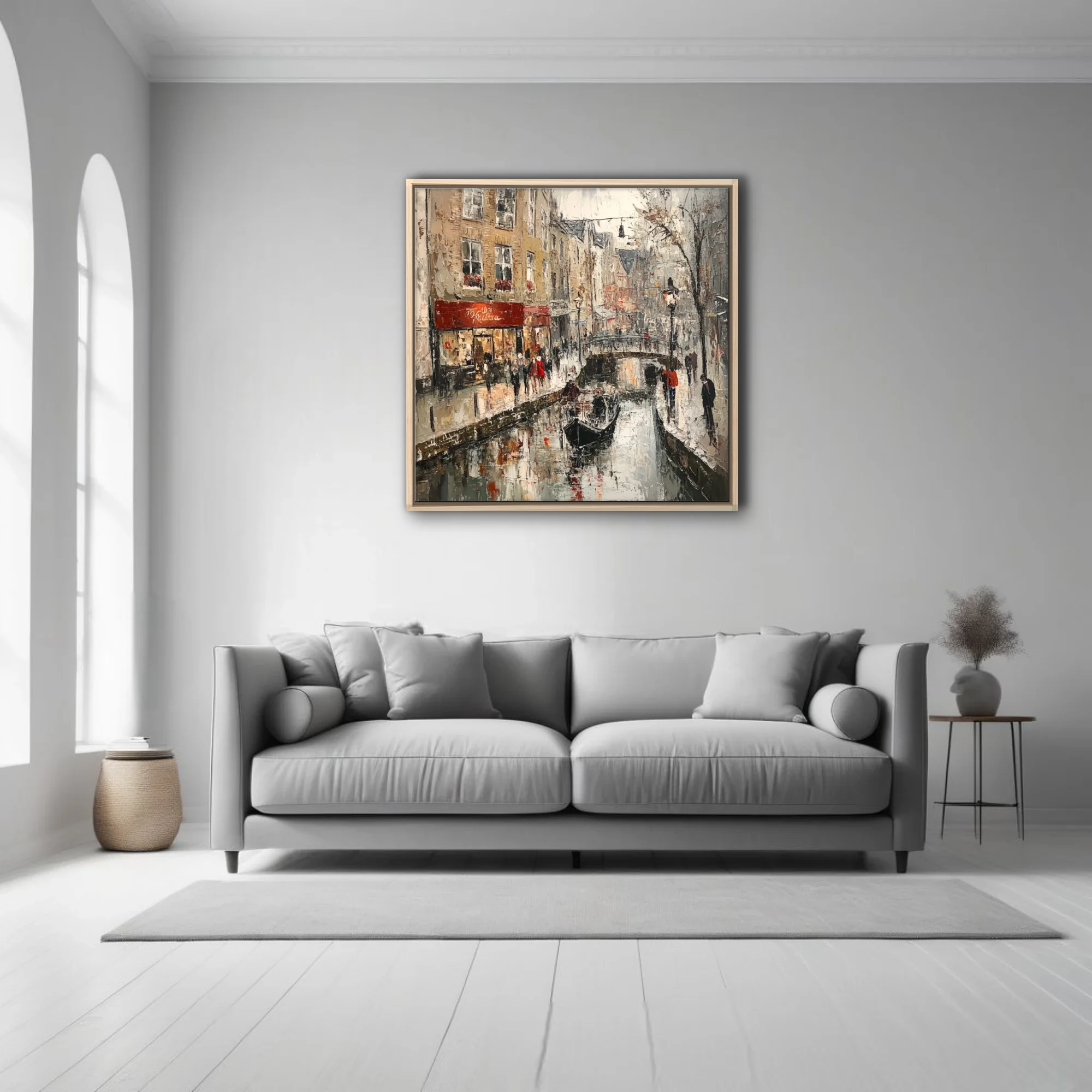 European canal scene with bridge, shops, and figures in ochre, grey, and red tones