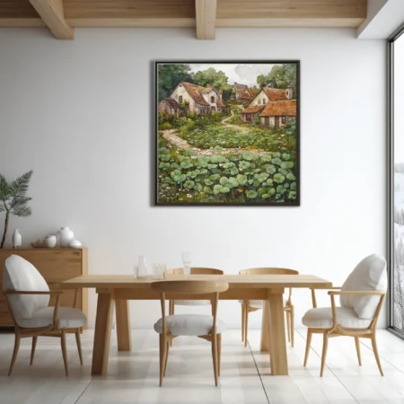 Watercolor-style rustic cottage village with stone path and lush botanical garden