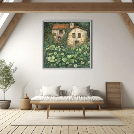 Watercolor-style rustic stone cottage with terracotta roof and wild clover garden