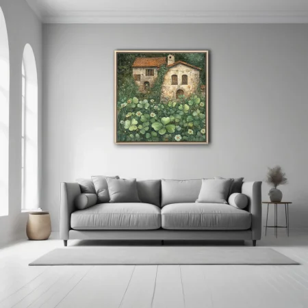 Watercolor-style rustic stone cottage with terracotta roof and wild clover garden
