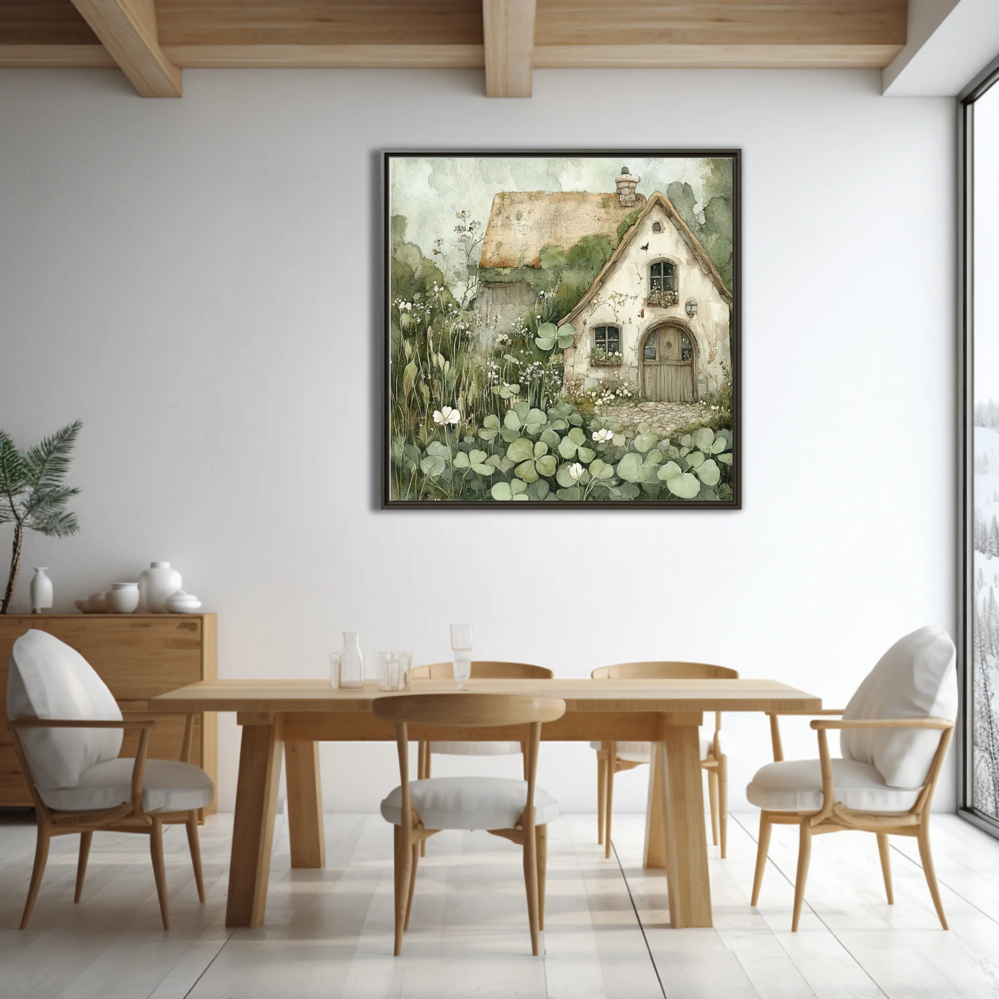 Watercolor-style thatched cottage surrounded by clover and wildflowers, sage and cream palette