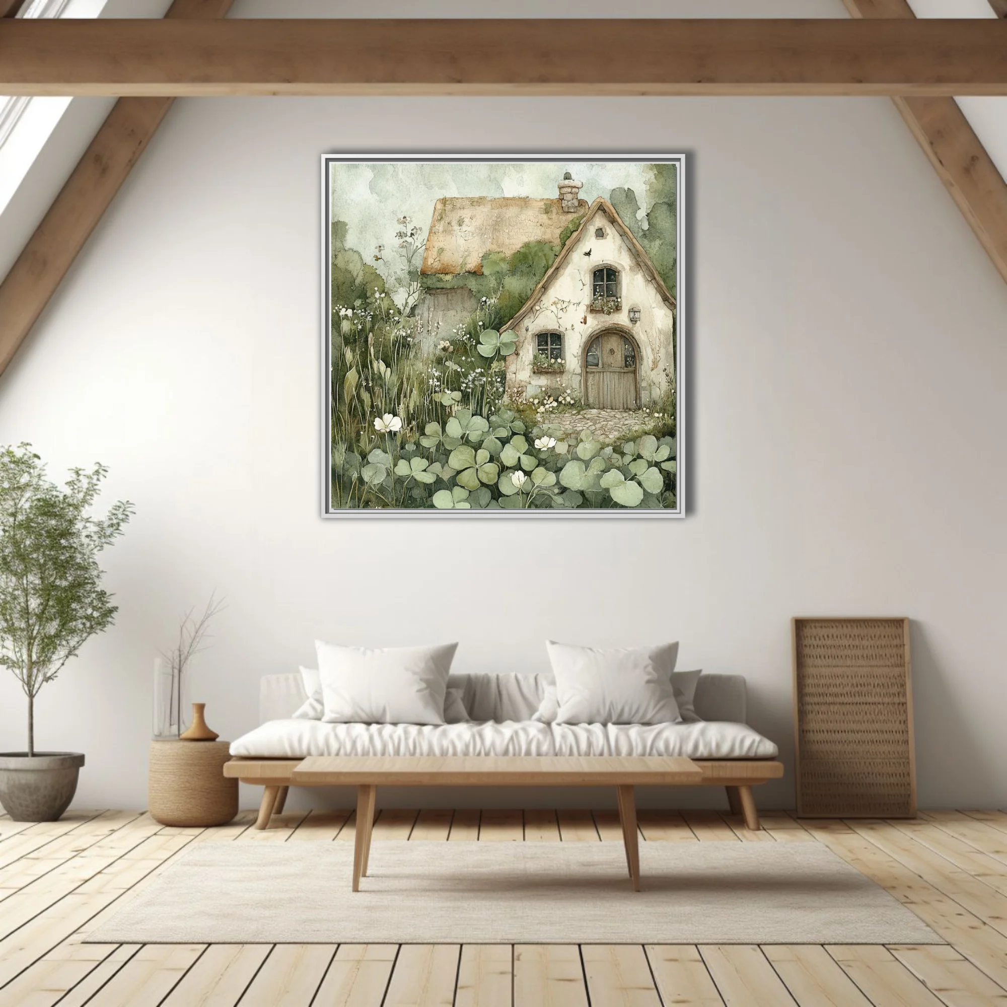 Watercolor-style thatched cottage surrounded by clover and wildflowers, sage and cream palette