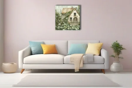 Watercolor-style thatched cottage surrounded by clover and wildflowers, sage and cream palette
