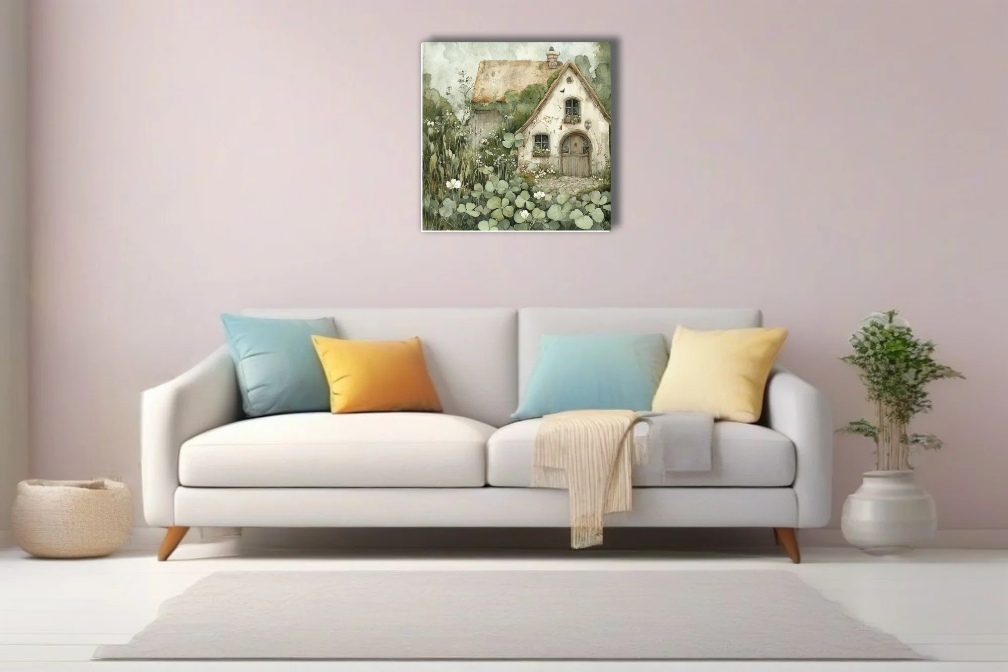 Watercolor-style thatched cottage surrounded by clover and wildflowers, sage and cream palette