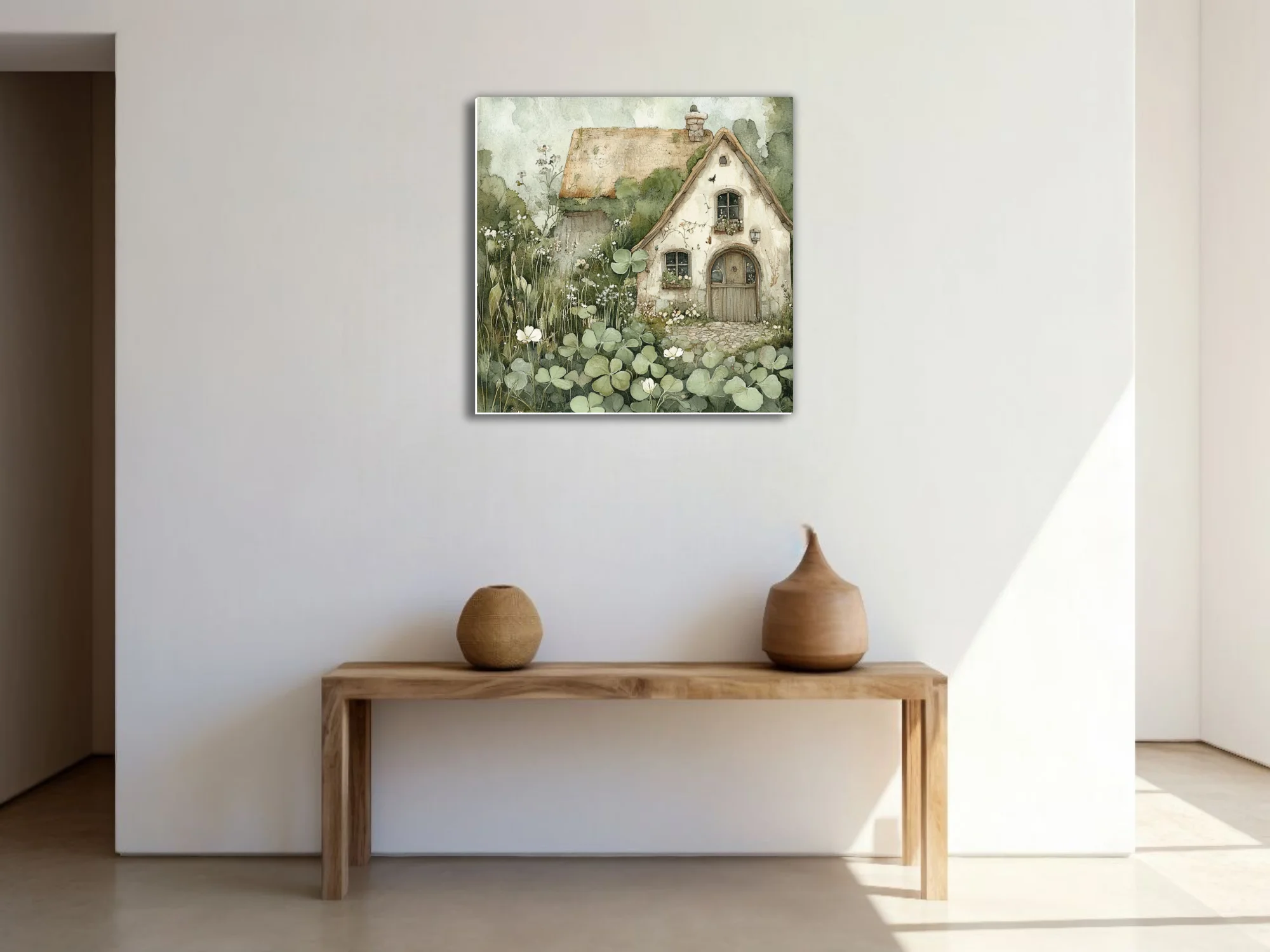 Watercolor-style thatched cottage surrounded by clover and wildflowers, sage and cream palette
