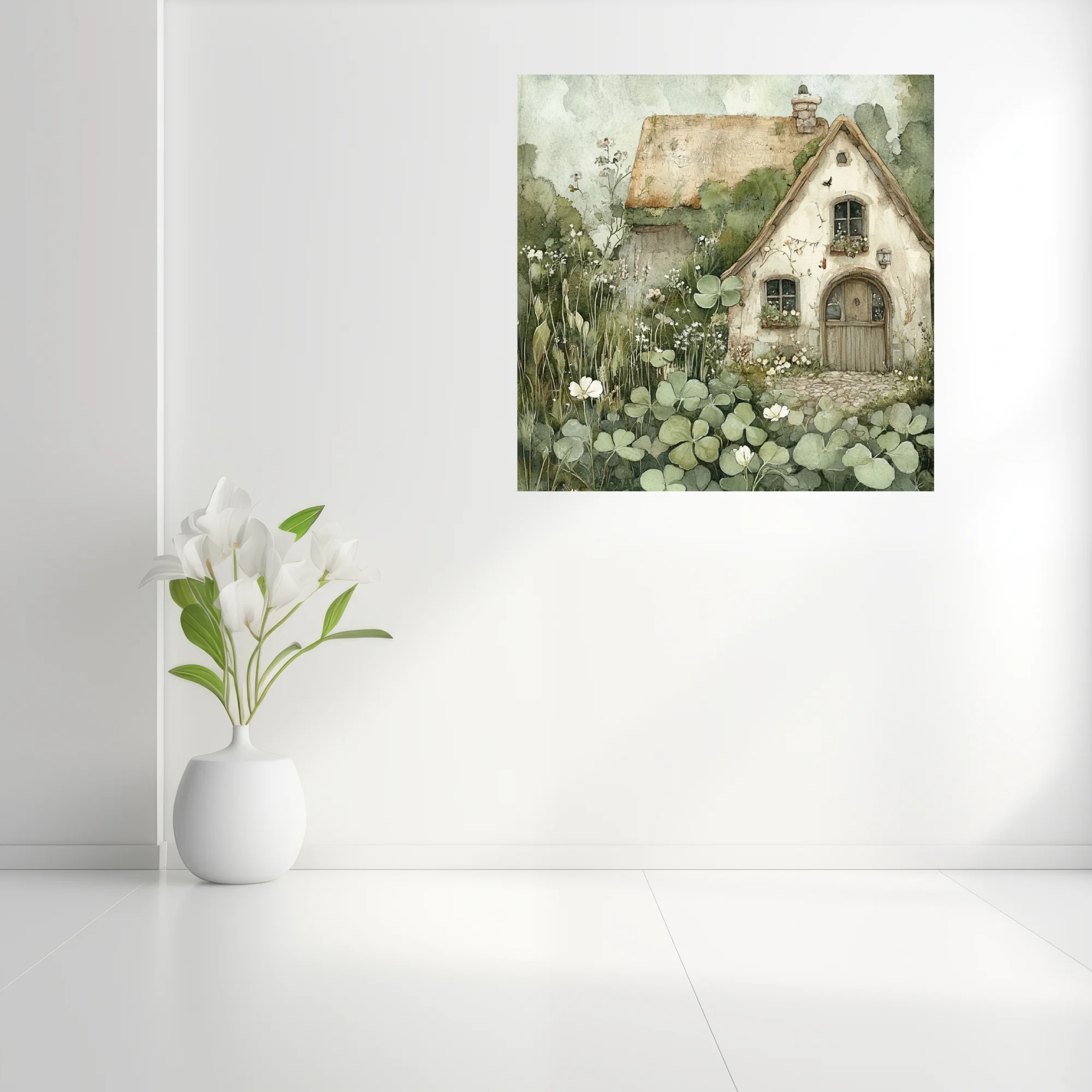 Watercolor-style thatched cottage surrounded by clover and wildflowers, sage and cream palette